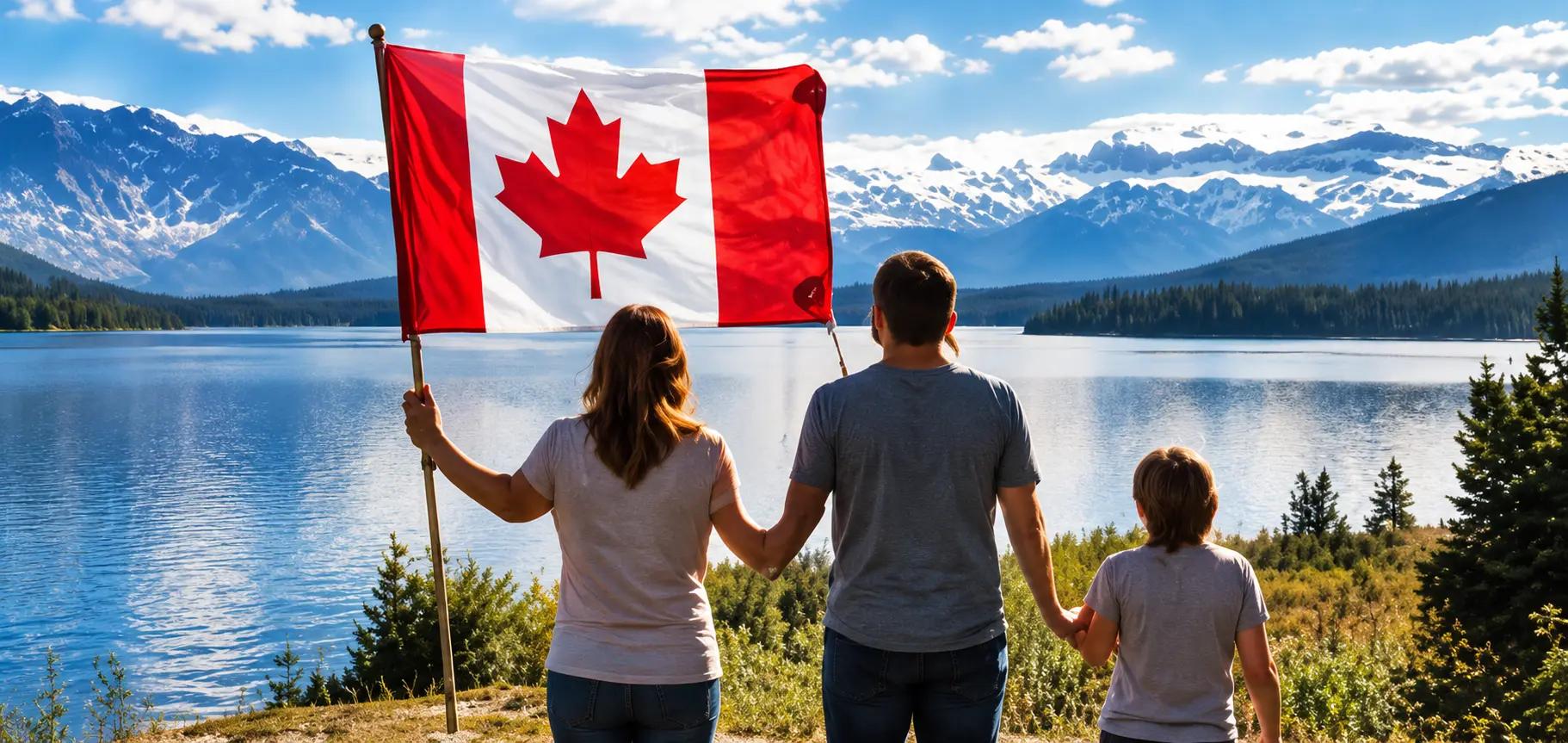 Famille devant un paysage canadien avec le drapeau du Canada pour illustrer la résidence permanente